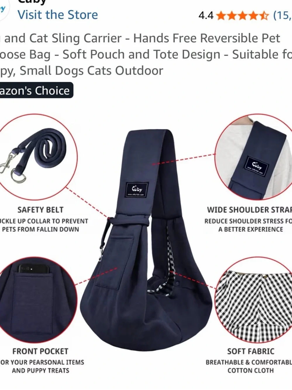 Dog cat small pet Sling Carrier in Navy Blue gingham Hands-Free Pet Carrier Cuby